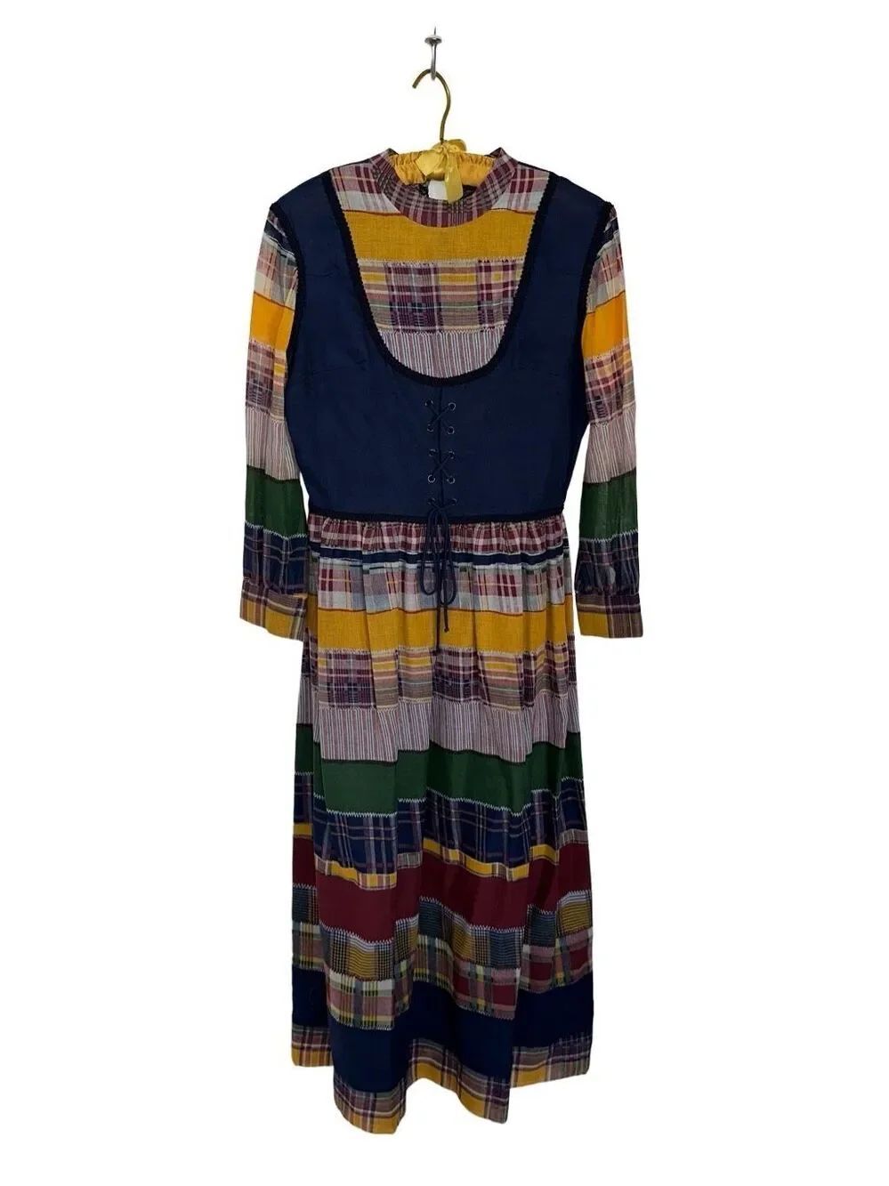 Vintage Mid Century Avalon Plaid Patchwork Print Farmhouse Cottage Maxi Dress